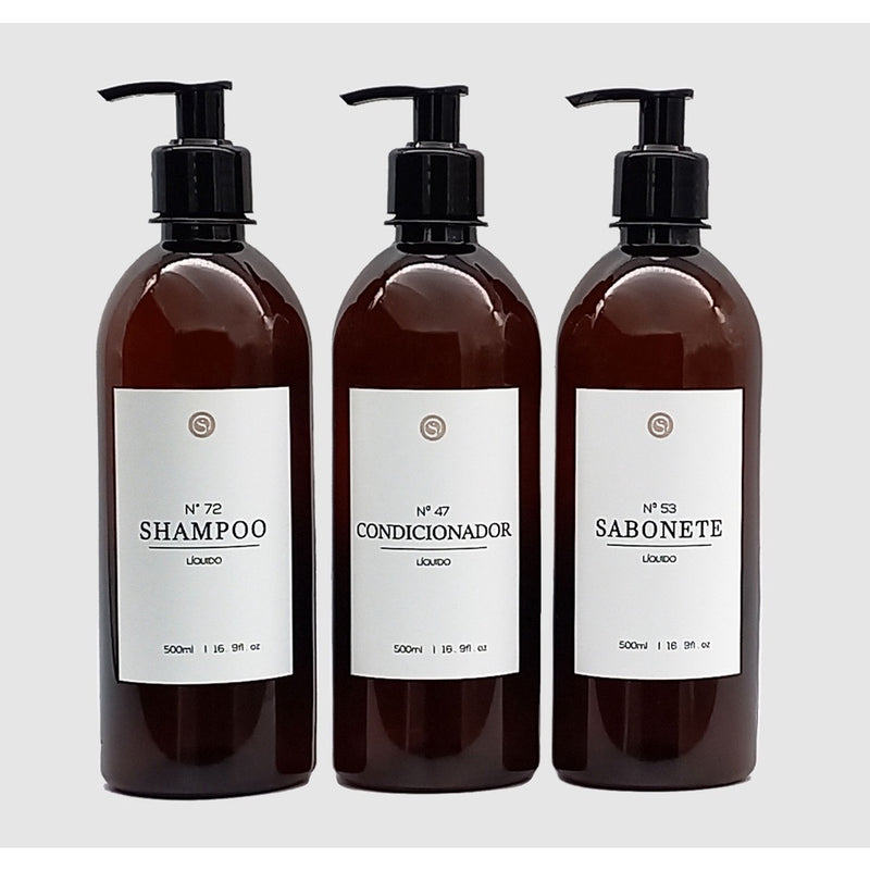 Kit Frascos 3pçs Shampoo, Condicionador e Sabonete Minimalista Âmbar 500ml - AmberCareSet®