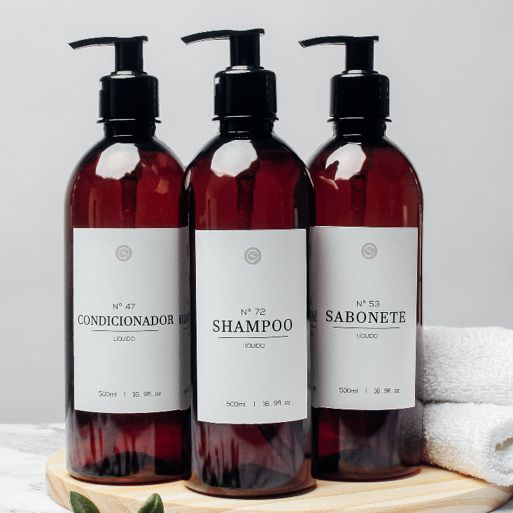 Kit Frascos 3pçs Shampoo, Condicionador e Sabonete Minimalista Âmbar 500ml - AmberCareSet®